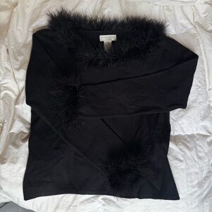 Worthington Black Off-Shoulder Sweater with Feather Trim